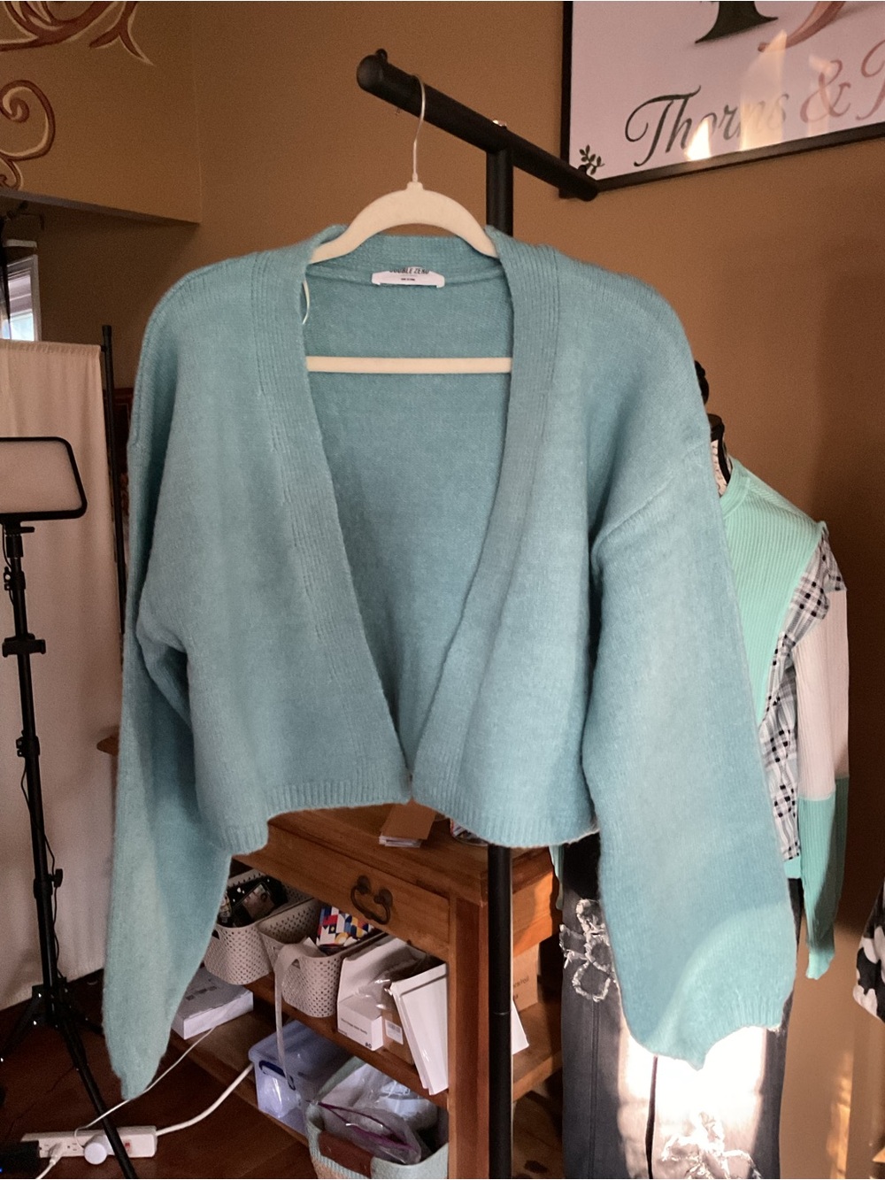 Double Zero Light Teal Cropped Open-Front Cardigan